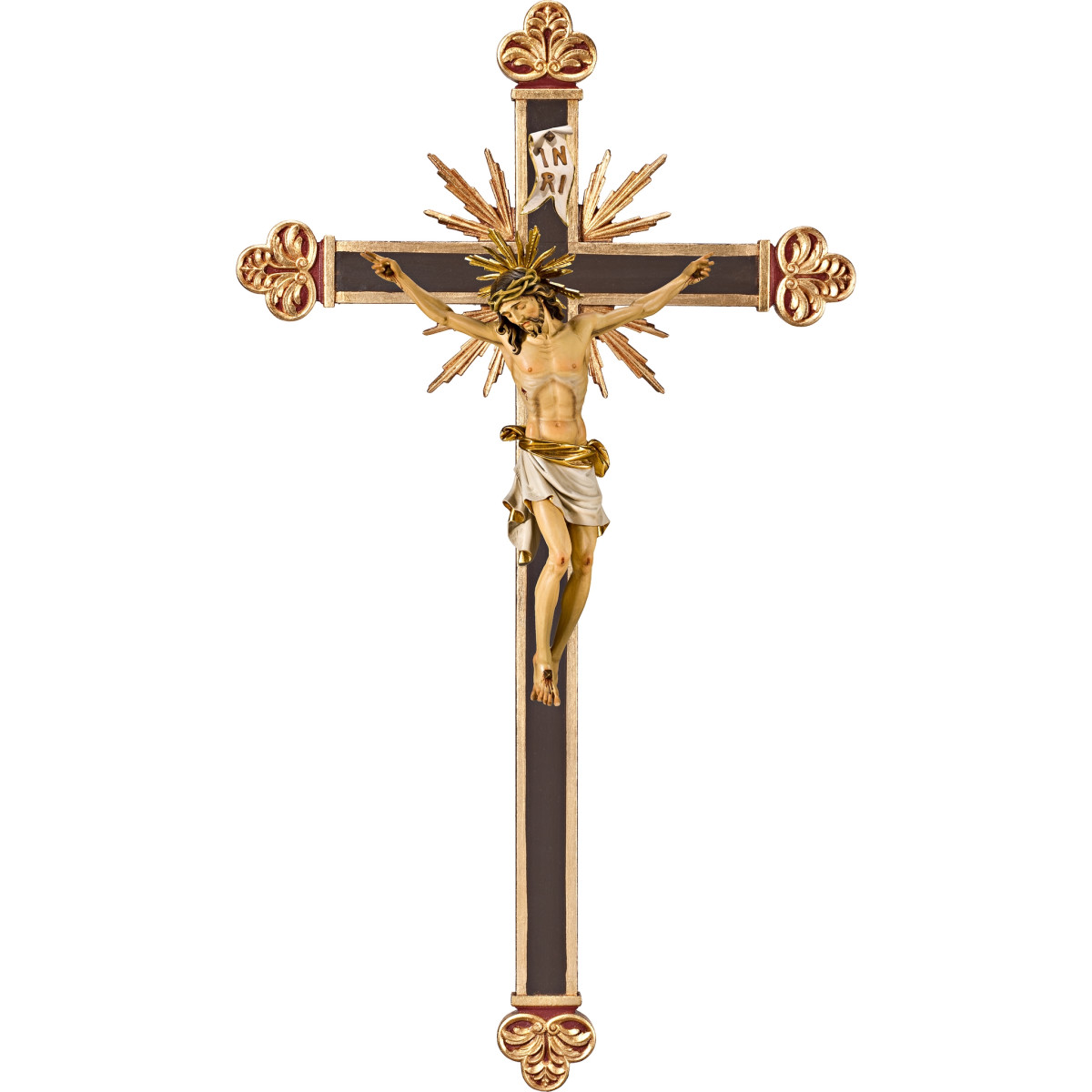 Cristo Pisa en cruz barroca con rayos